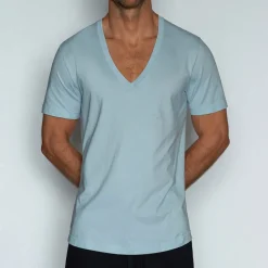 PERFECT PIMA Perfect Pima|Short Sleeve T-shirts*Relaxed Deep V-Neck T-Shirt Blythe Blue