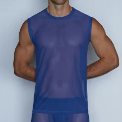 SHEER Sheer*Sleeveless Crew Neck T-Shirt Bari Blue